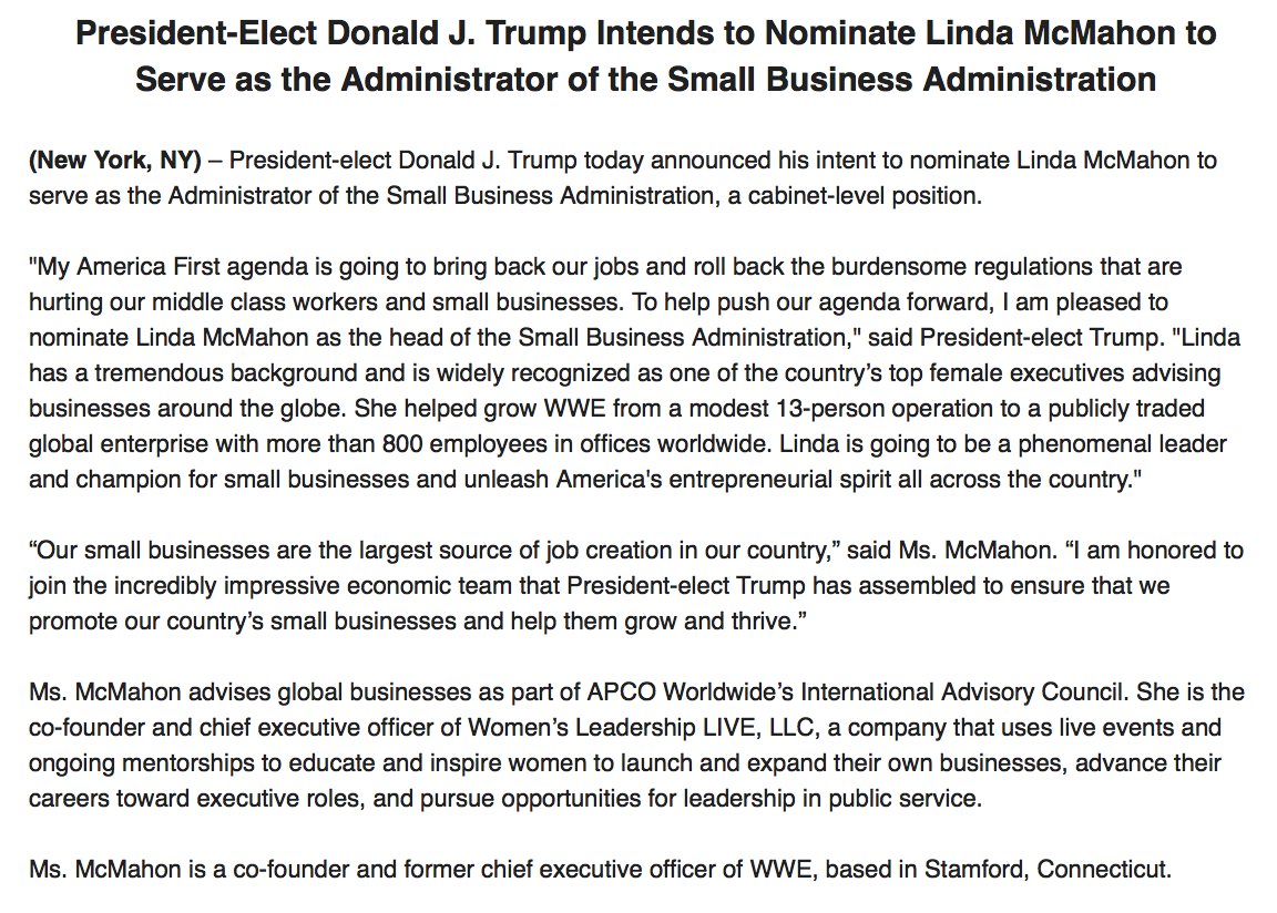 Donald Trump intends to nominate Linda McMahon