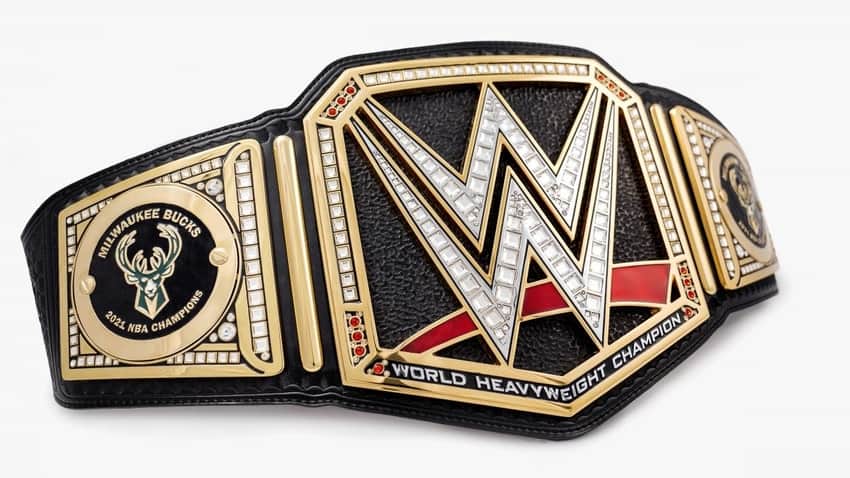 NNBA Champions Milwaukee Bucks receiving a custom WWE Title Belt